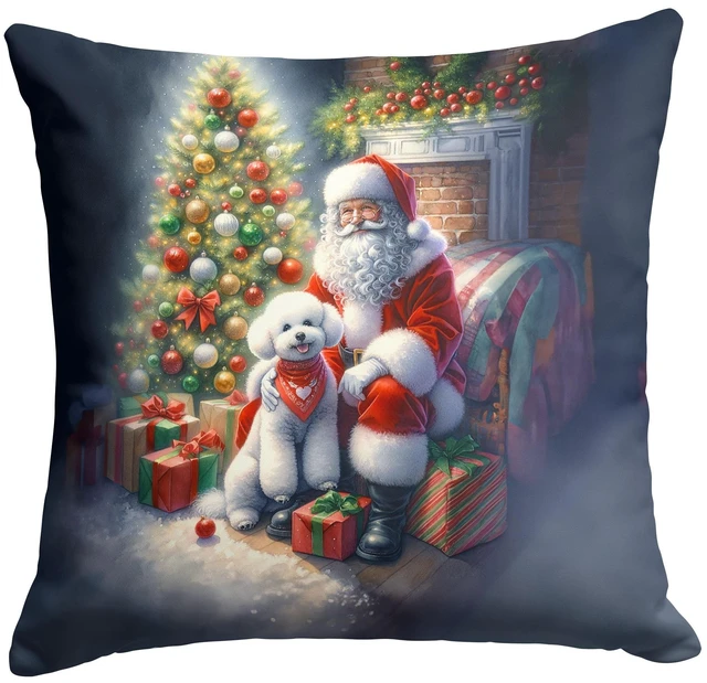 Main image of Bichon Frise and Santa Claus Throw Pillow Machine Washable, Indoor Outdoor Decorative Pillow for Couch, Bed or Patio, 18Hx18W