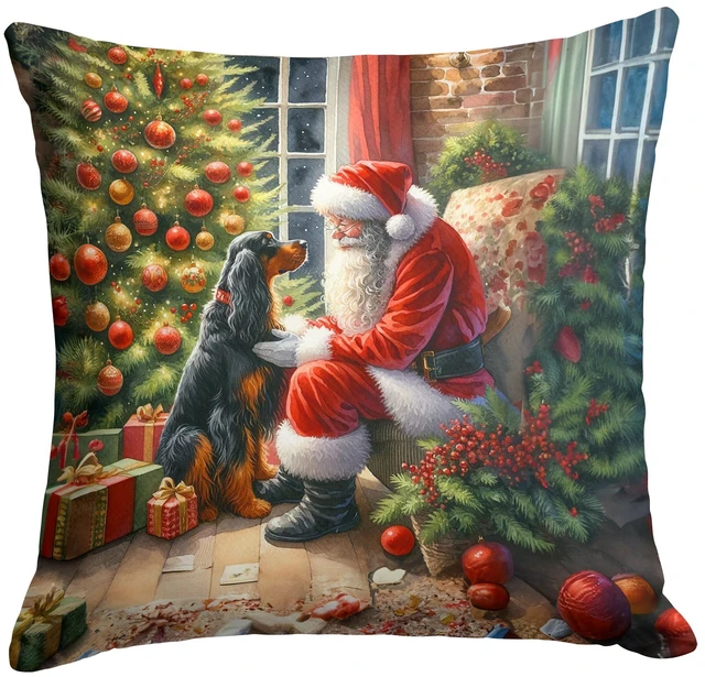 Main image of Gordon Setter and Santa Claus Throw Pillow Machine Washable, Indoor Outdoor Decorative Pillow for Couch, Bed or Patio, 18Hx18W