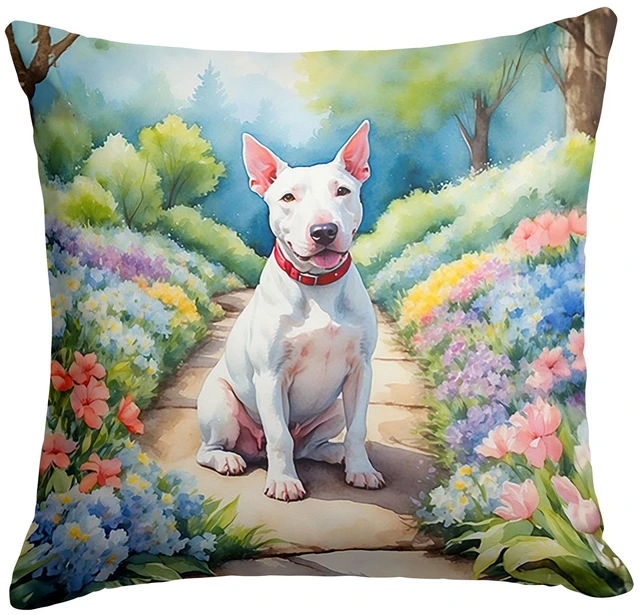 Main image of NEW Bull Terrier Spring Path Throw Pillow Machine Washable, Indoor Outdoor Decorative Pillow for Couch, Bed or Patio, 18Hx18W