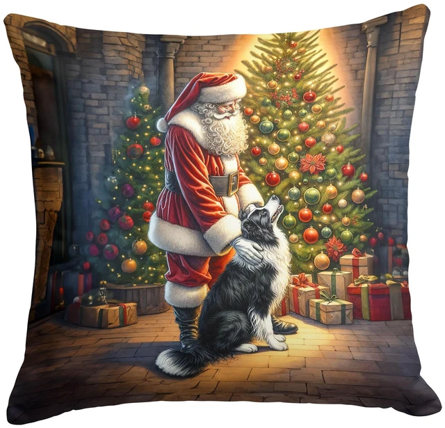 Main image of Border Collie and Santa Claus Throw Pillow Machine Washable, Indoor Outdoor Decorative Pillow for Couch, Bed or Patio, 18Hx18W