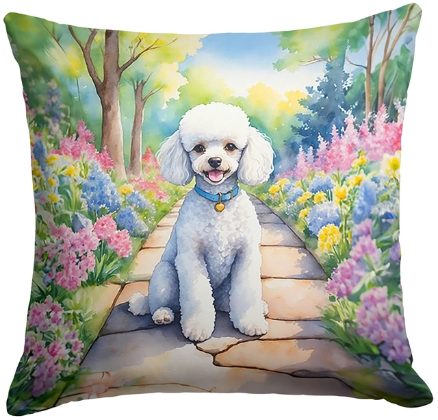 Main image of White Poodle Spring Path Throw Pillow Machine Washable, Indoor Outdoor Decorative Pillow for Couch, Bed or Patio, 18Hx18W