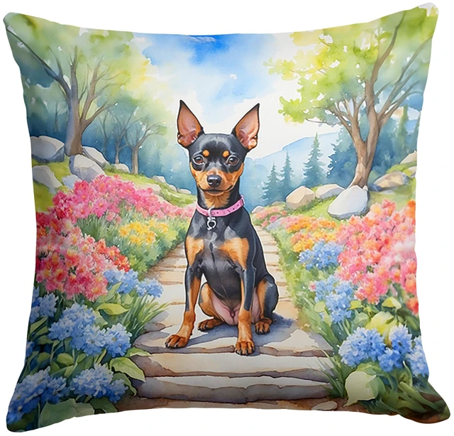 Main image of Miniature Pinscher Spring Path Throw Pillow Machine Washable, Indoor Outdoor Decorative Pillow for Couch, Bed or Patio, 18Hx18W