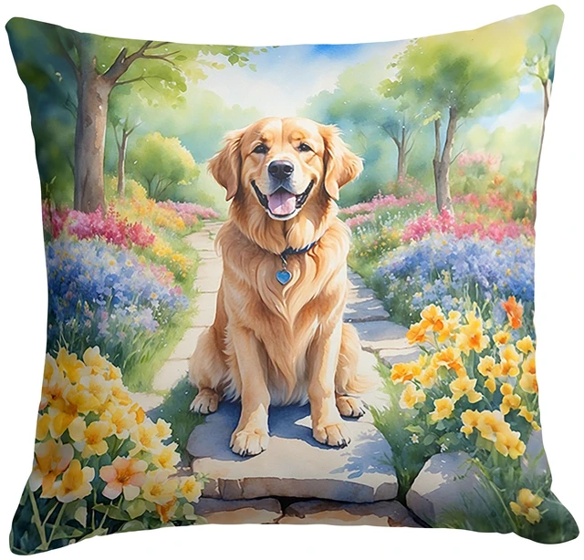 Main image of Golden Retriever Spring Path Throw Pillow Machine Washable, Indoor Outdoor Decorative Pillow for Couch, Bed or Patio, 18Hx18W