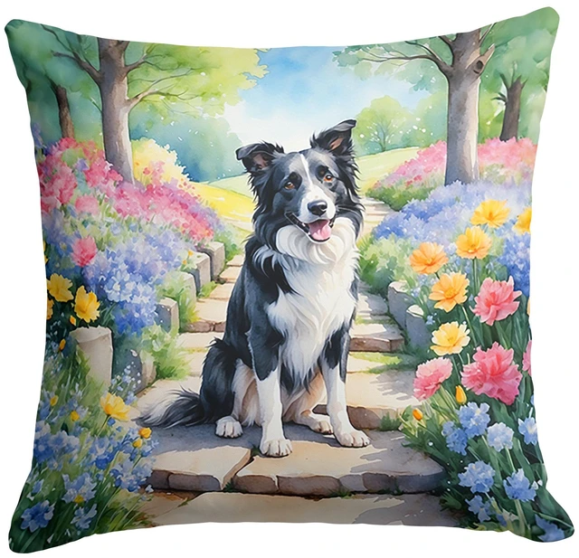 Main image of Border Collie Spring Path Throw Pillow Machine Washable, Indoor Outdoor Decorative Pillow for Couch, Bed or Patio, 18Hx18W