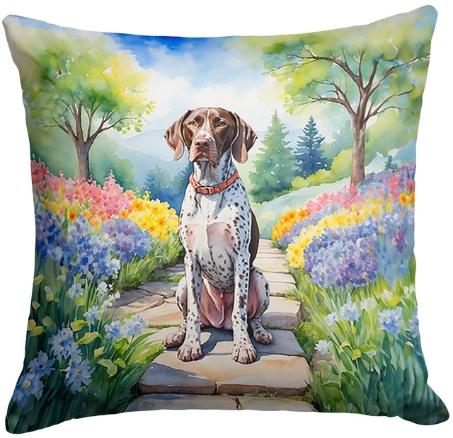 Main image of German Shorthaired Pointer Spring Path Throw Pillow Machine Washable, Indoor Outdoor Decorative Pillow for Couch, Bed or Patio, 18Hx18W