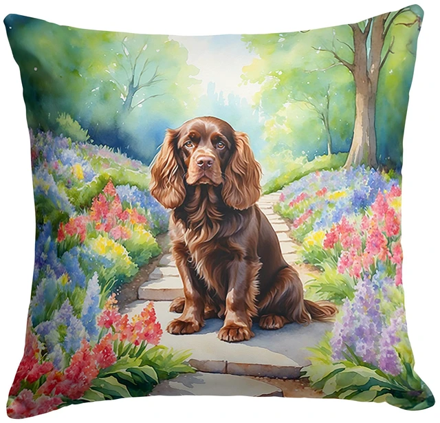 Main image of Sussex Spaniel Spring Path Throw Pillow Machine Washable, Indoor Outdoor Decorative Pillow for Couch, Bed or Patio, 18Hx18W