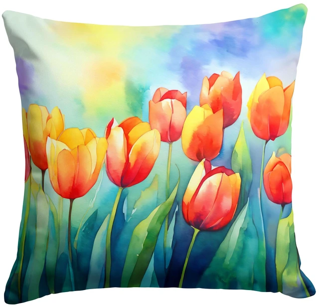Main image of Tulips in Watercolor Throw Pillow Machine Washable, Indoor Outdoor Decorative Pillow for Couch, Bed or Patio, 18Hx18W