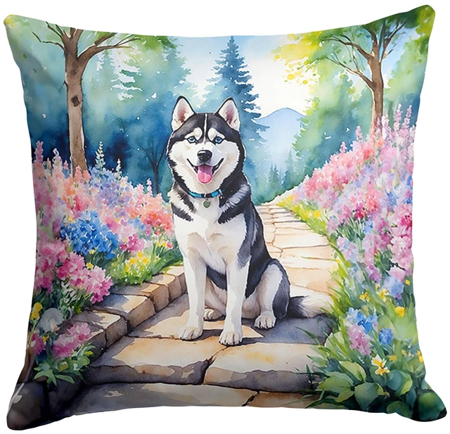 Main image of Siberian Husky Spring Path Throw Pillow Machine Washable, Indoor Outdoor Decorative Pillow for Couch, Bed or Patio, 18Hx18W