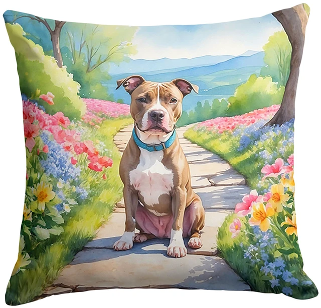 Main image of NEW Pit Bull Terrier Spring Path Throw Pillow Machine Washable, Indoor Outdoor Decorative Pillow for Couch, Bed or Patio, 18Hx18W