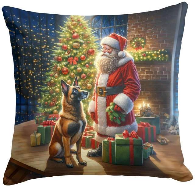 Main image of Belgian Malinois and Santa Claus Throw Pillow Machine Washable, Indoor Outdoor Decorative Pillow for Couch, Bed or Patio, 18Hx18W