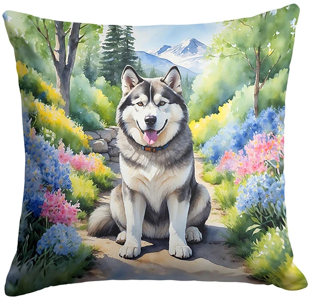 Main image of Alaskan Malamute Spring Garden Throw Pillow Machine Washable, Indoor Outdoor Decorative Pillow for Couch, Bed or Patio, 18Hx18W