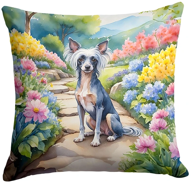 Main image of Chinese Crested Spring Path Throw Pillow Machine Washable, Indoor Outdoor Decorative Pillow for Couch, Bed or Patio, 18Hx18W