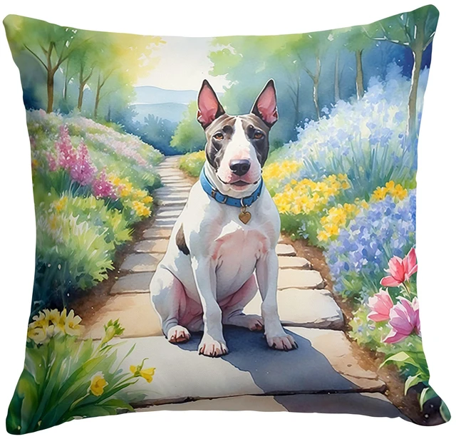 Main image of NEW Bull Terrier Spring Path Throw Pillow Machine Washable, Indoor Outdoor Decorative Pillow for Couch, Bed or Patio, 18Hx18W