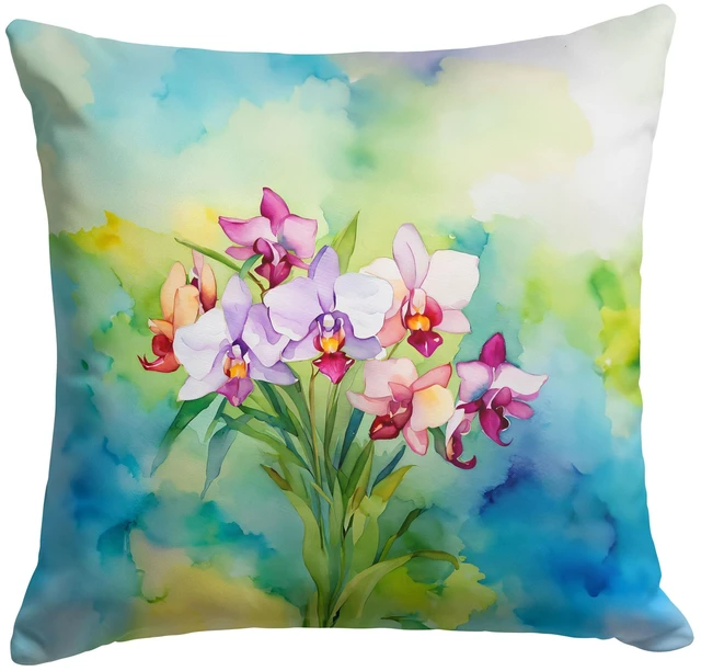 Main image of Orchids in Watercolor Throw Pillow Machine Washable, Indoor Outdoor Decorative Pillow for Couch, Bed or Patio, 18Hx18W