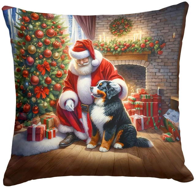 Main image of Bernese Mountain Dog and Santa Claus Throw Pillow Machine Washable, Indoor Outdoor Decorative Pillow for Couch, Bed or Patio, 18Hx18W