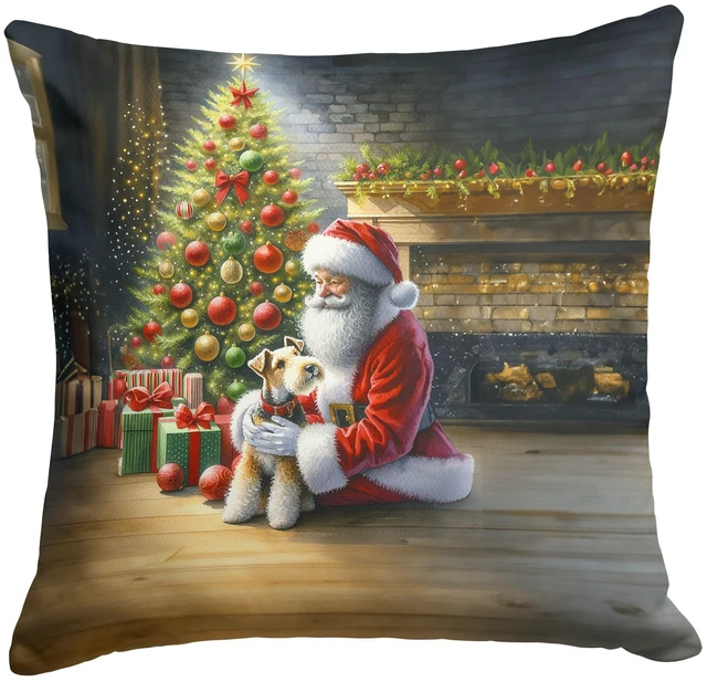 Main image of Fox Terrier and Santa Claus Throw Pillow Machine Washable, Indoor Outdoor Decorative Pillow for Couch, Bed or Patio, 18Hx18W