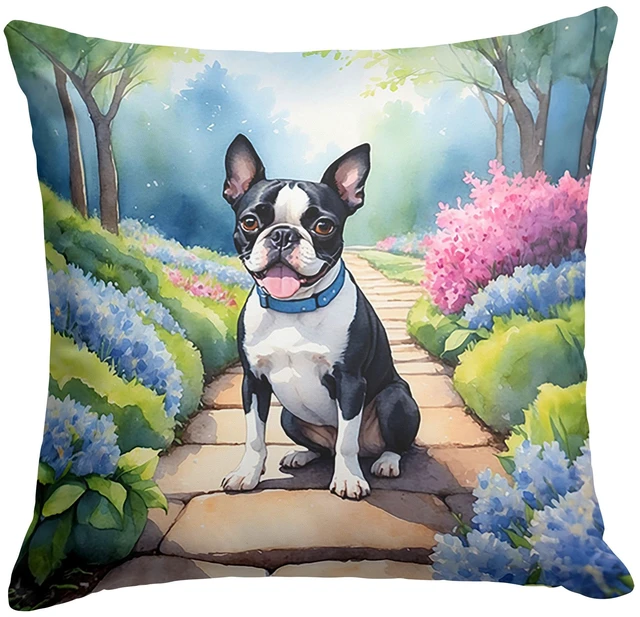 Main image of Boston Terrier Spring Path Throw Pillow Machine Washable, Indoor Outdoor Decorative Pillow for Couch, Bed or Patio, 18Hx18W