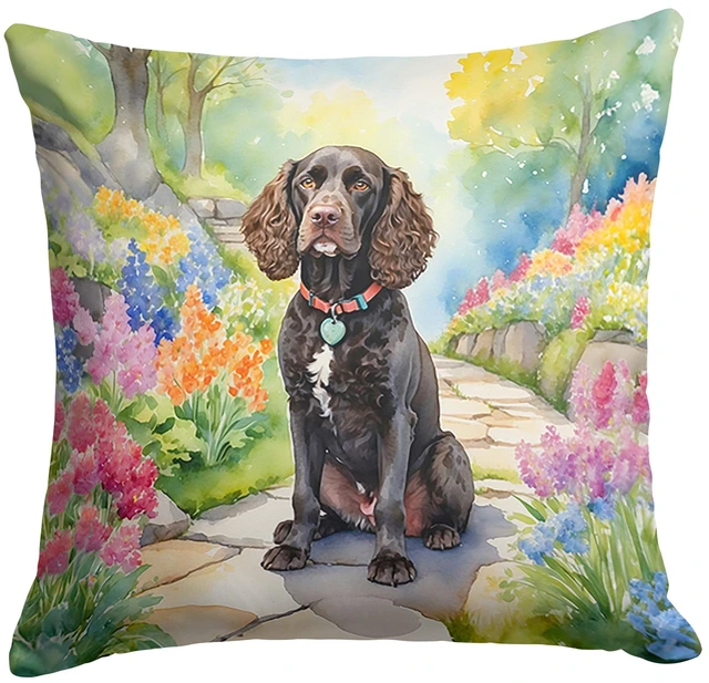Main image of American Water Spaniel Spring Garden Throw Pillow Machine Washable, Indoor Outdoor Decorative Pillow for Couch, Bed or Patio, 18Hx18W