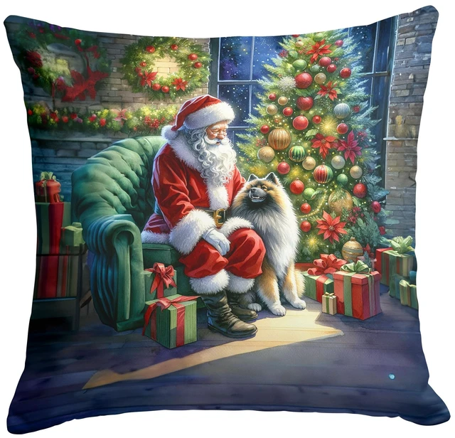 Main image of Keeshond and Santa Claus Throw Pillow Machine Washable, Indoor Outdoor Decorative Pillow for Couch, Bed or Patio, 18Hx18W