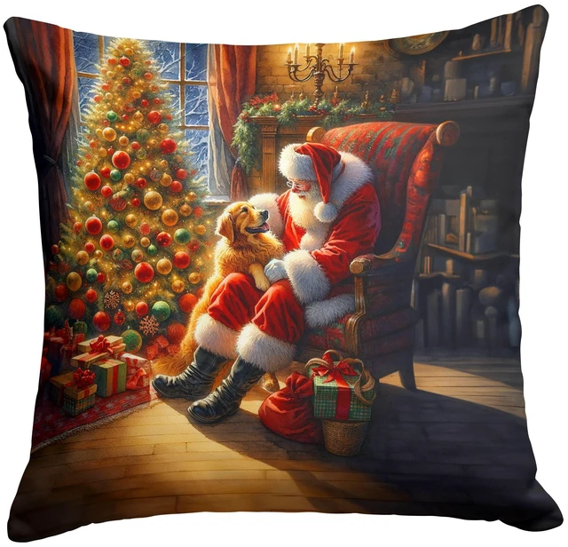 Main image of Golden Retriever and Santa Claus Throw Pillow Machine Washable, Indoor Outdoor Decorative Pillow for Couch, Bed or Patio, 18Hx18W