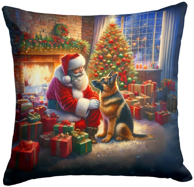 Main image of German Shepherd and Santa Claus Throw Pillow Machine Washable, Indoor Outdoor Decorative Pillow for Couch, Bed or Patio, 18Hx18W