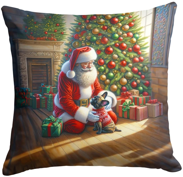 Main image of French Bulldog and Santa Claus Throw Pillow Machine Washable, Indoor Outdoor Decorative Pillow for Couch, Bed or Patio, 18Hx18W