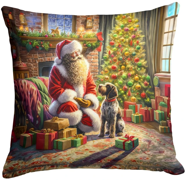 Main image of Wirehaired Pointing Griffon and Santa Claus Throw Pillow Machine Washable, Indoor Outdoor Decorative Pillow for Couch, Bed or Patio, 18Hx18W