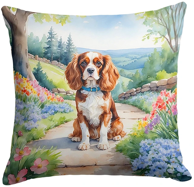 Main image of Cavalier Spaniel Spring Path Throw Pillow Machine Washable, Indoor Outdoor Decorative Pillow for Couch, Bed or Patio, 18Hx18W