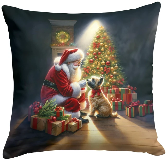 Main image of Cairn Terrier and Santa Claus Throw Pillow Machine Washable, Indoor Outdoor Decorative Pillow for Couch, Bed or Patio, 18Hx18W