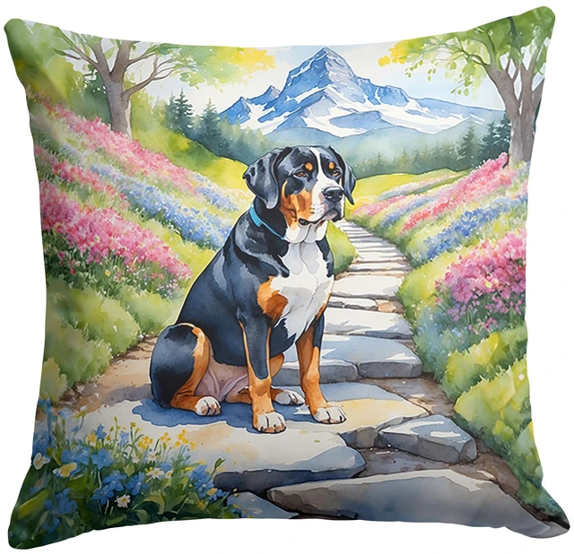 Main image of Greater Swiss Mountain Dog Spring Path Throw Pillow Machine Washable, Indoor Outdoor Decorative Pillow for Couch, Bed or Patio, 18Hx18W