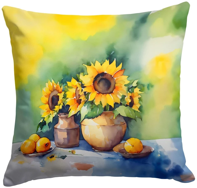 Main image of Sunflowers in Watercolor Throw Pillow Machine Washable, Indoor Outdoor Decorative Pillow for Couch, Bed or Patio, 18Hx18W