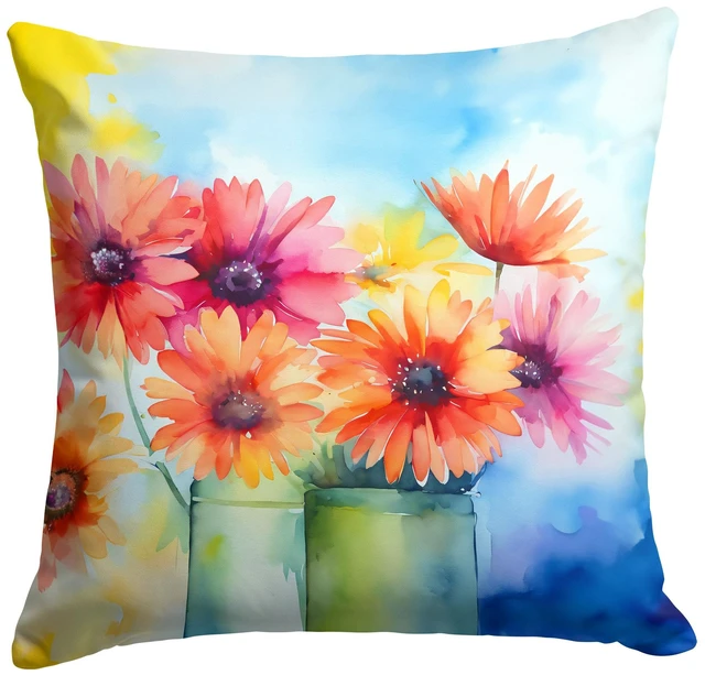 Main image of Gerbera Daisies in Watercolor Throw Pillow Machine Washable, Indoor Outdoor Decorative Pillow for Couch, Bed or Patio, 18Hx18W
