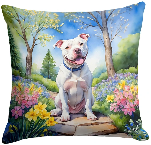 Main image of NEW Pit Bull Terrier Spring Path Throw Pillow Machine Washable, Indoor Outdoor Decorative Pillow for Couch, Bed or Patio, 18Hx18W