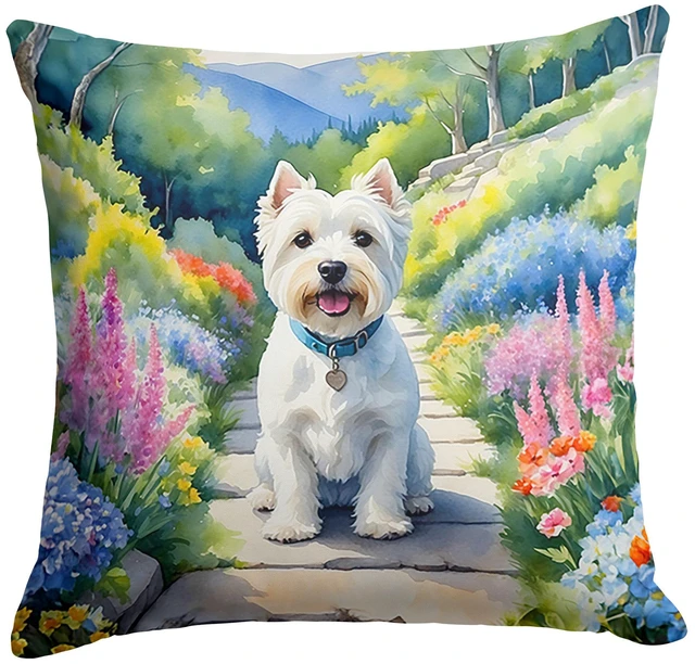 Main image of Westie Spring Path Throw Pillow Machine Washable, Indoor Outdoor Decorative Pillow for Couch, Bed or Patio, 18Hx18W