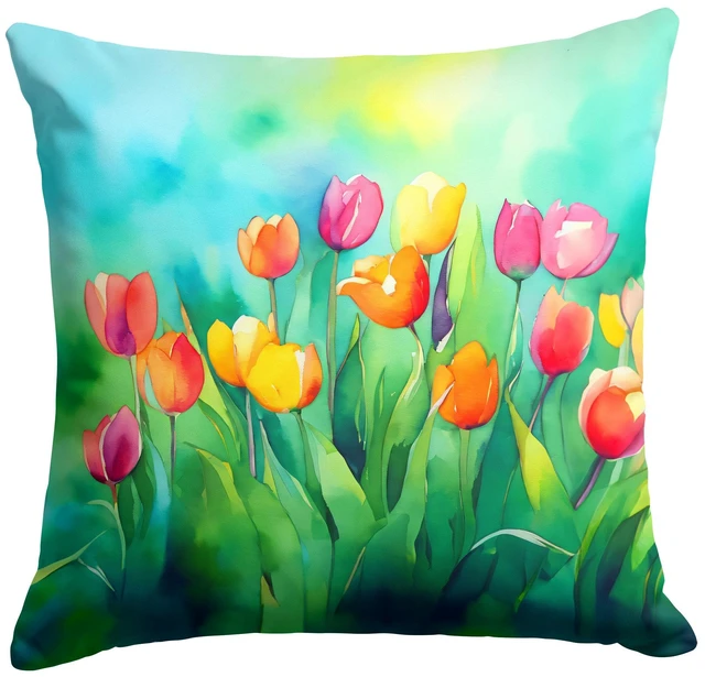 Main image of Tulips in Watercolor Throw Pillow Machine Washable, Indoor Outdoor Decorative Pillow for Couch, Bed or Patio, 18Hx18W