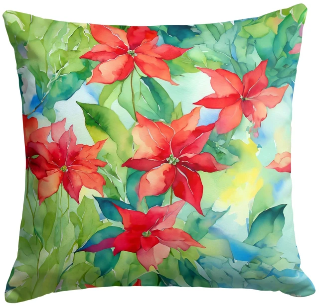 Main image of Poinsettias in Watercolor Throw Pillow Machine Washable, Indoor Outdoor Decorative Pillow for Couch, Bed or Patio, 18Hx18W