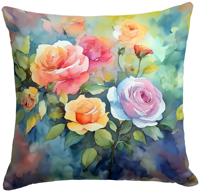 Main image of Roses in Watercolor Throw Pillow Machine Washable, Indoor Outdoor Decorative Pillow for Couch, Bed or Patio, 18Hx18W