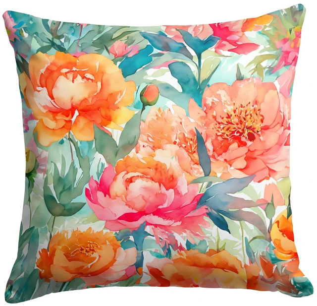 Main image of Peonies in Watercolor Throw Pillow Machine Washable, Indoor Outdoor Decorative Pillow for Couch, Bed or Patio, 18Hx18W