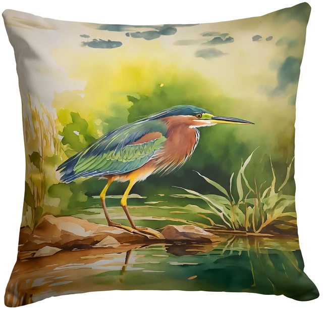 Main image of Green Heron Throw Pillow Machine Washable, Indoor Outdoor Decorative Pillow for Couch, Bed or Patio, 18Hx18W