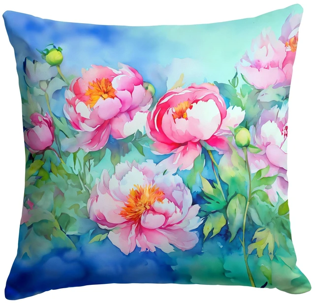 Main image of Peonies in Watercolor Throw Pillow Machine Washable, Indoor Outdoor Decorative Pillow for Couch, Bed or Patio, 18Hx18W