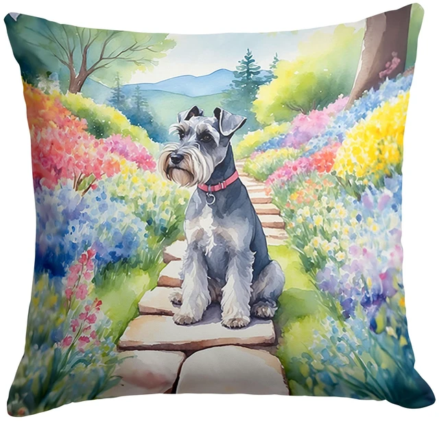 Main image of Schnauzer Spring Path Throw Pillow Machine Washable, Indoor Outdoor Decorative Pillow for Couch, Bed or Patio, 18Hx18W