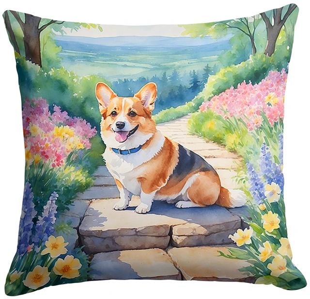 Main image of Corgi Spring Path Throw Pillow Machine Washable, Indoor Outdoor Decorative Pillow for Couch, Bed or Patio, 18Hx18W