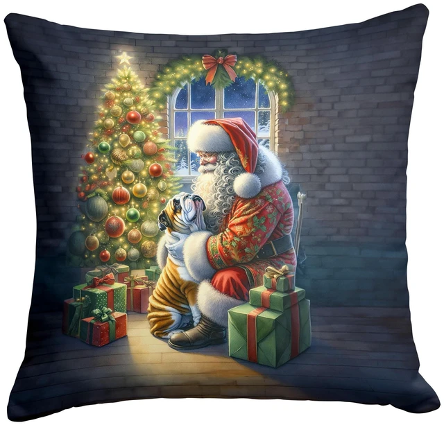 Main image of English Bulldog and Santa Claus Throw Pillow Machine Washable, Indoor Outdoor Decorative Pillow for Couch, Bed or Patio, 18Hx18W