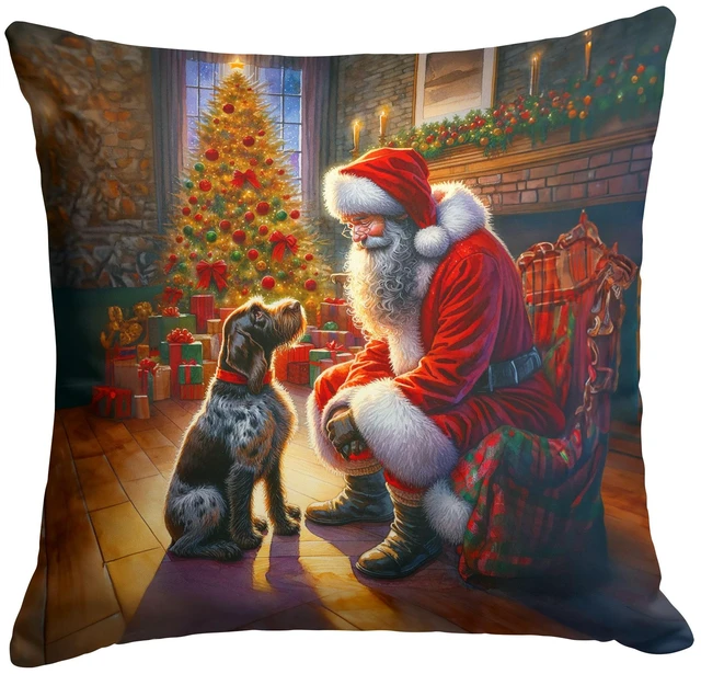 Main image of German Wirehaired Pointer and Santa Claus Throw Pillow Machine Washable, Indoor Outdoor Decorative Pillow for Couch, Bed or Patio, 18Hx18W