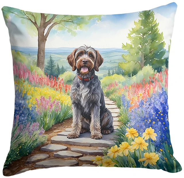Main image of Wirehaired Pointing Griffon Spring Path Throw Pillow Machine Washable, Indoor Outdoor Decorative Pillow for Couch, Bed or Patio, 18Hx18W