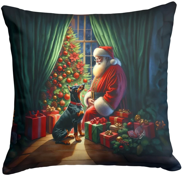 Main image of Doberman Pinscher and Santa Claus Throw Pillow Machine Washable, Indoor Outdoor Decorative Pillow for Couch, Bed or Patio, 18Hx18W