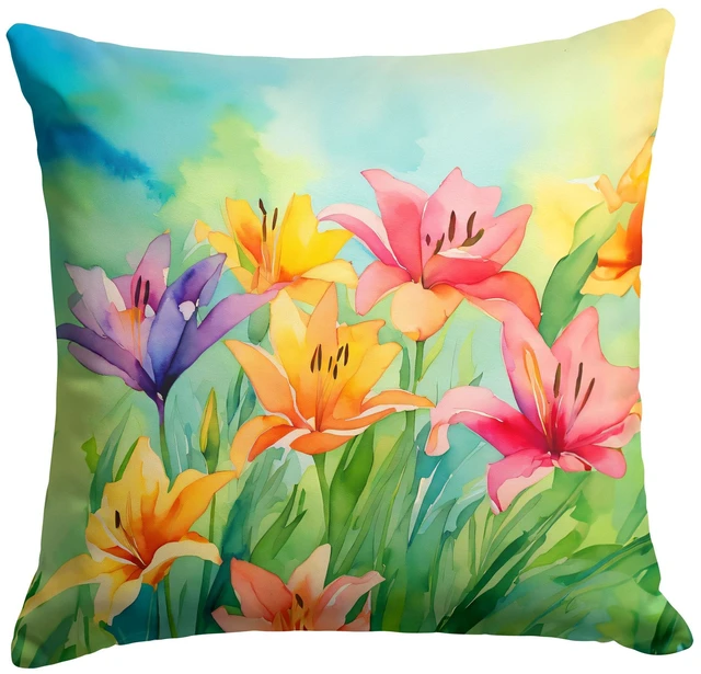Main image of Lilies in Watercolor Throw Pillow Machine Washable, Indoor Outdoor Decorative Pillow for Couch, Bed or Patio, 18Hx18W