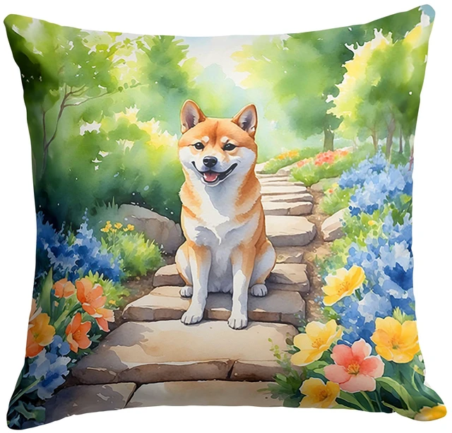Main image of Shiba Inu Spring Path Throw Pillow Machine Washable, Indoor Outdoor Decorative Pillow for Couch, Bed or Patio, 18Hx18W