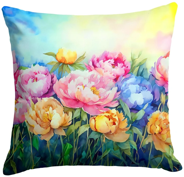 Main image of Peonies in Watercolor Throw Pillow Machine Washable, Indoor Outdoor Decorative Pillow for Couch, Bed or Patio, 18Hx18W