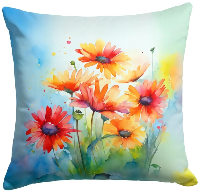 Main image of Gerbera Daisies in Watercolor Throw Pillow Machine Washable, Indoor Outdoor Decorative Pillow for Couch, Bed or Patio, 18Hx18W